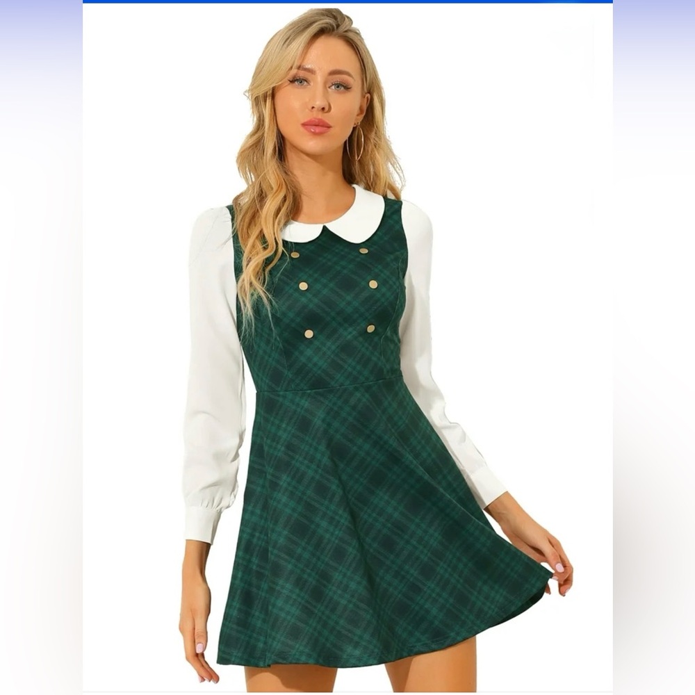 NWOT Green Plaid Mini Dress With Long Sleeves - Size M